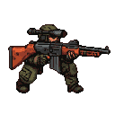 Grizzled sniper in olive-drab uniform crouches with rifle, featuring a vibrant orange stock and dark metallic components, focused through the scope.