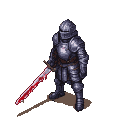 Knight in dark, gleaming plate armor holding a blood-stained longsword, viewed from an isometric perspective against a black background.