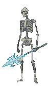 Skeletal figure holding a glowing blue icy spear against a black background.