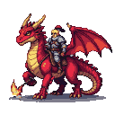 Knight in silver armor and crimson helmet riding a fire-red dragon with spread wings and golden horns.