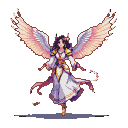 Majestic winged angelic figure in flowing white and gold robes, mid-flight against black, with glowing pink and white feathered wings and dark hair.