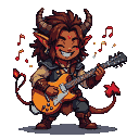 Tiefling bard with brown skin and heart-shaped tail energetically strumming an electric guitar, smiling widely, surrounded by floating magical musical notes.