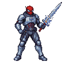 A pixelated figure resembling Spider-Man in a futuristic grey and silver space suit with glowing red accents, holding a colossal, glowing sword.