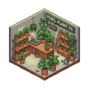Isometric view of a plant store with shelves full of potted plants, a wooden counter with a vintage cash register, and a watering can.