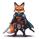 Anthropomorphic fox swordsman in teal cape and light warrior armor, holding a gleaming sword.