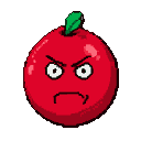 A red anthropomorphic apple with a furious expression, green stem.
