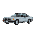 A light-colored sedan in side profile against a black background, rendered with pixelated details.