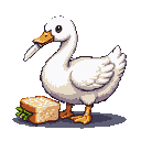 Pixel Art: um pato branca parecendo um cisne com uma faca de pão na boc...