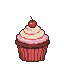A red-wrapped cupcake with creamy yellow and pink frosting, topped with a red cherry, on a black background.