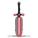 A menacing red and black lightsaber with a dark, segmented hilt and two horizontal emitters. The primary blade is crimson with a white core, extending downwards and casting a faint glow.
