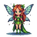 A fairy with auburn hair and green eyes, wearing a green leaf outfit, with translucent blue and green wings, floating in a starry expanse.