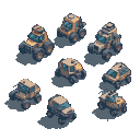 Isometric collection of rugged, tan-colored utility vehicles with chunky tires against a black background.