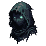 A hooded figure with glowing green eyes emerges from darkness, cloaked in tattered blue, gray, and teal fabric.