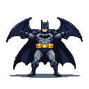 Batman stands with arms outstretched, cape unfurled like wings, wearing a grey and black suit with a gold utility belt and a prominent bat symbol on his chest.