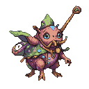 A whimsical sprite with large blue eyes, a pointed green cap with blue polka dots, a flowing cape, and a golden amulet. It holds a staff topped with a clover emblem and has wispy antennae.