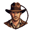 A determined adventurer in a fedora and leather jacket, with a coiled bullwhip behind him.