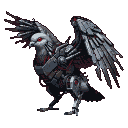 A menacing cyborg pigeon with white feathers and dark metallic plating, glowing crimson eyes, and spread wings.