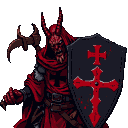 Fallen Templar Knight, now a demonic entity, with sharp red horns, tattered red robe bearing a black Templar cross, holding a spiked mace and a black shield with a red Christian cross and blood splatters.