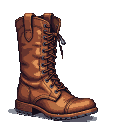 A single, rugged tan leather boot with dark laces against a black background.