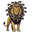 A lion with a golden mane replaced by writhing dark serpentine heads with red eyes and forked tongues.