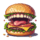 A monstrous, pixelated burger with a gaping mouth, sharp teeth, and a lolling pink tongue.