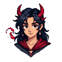 Pixel art portrait of a young person with dark, tousled hair, brown eyes with red irises, prominent red horns, and a wisp of red energy. They wear a dark garment with a red hood or cape fastened with an ornate clasp.