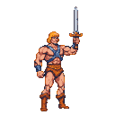 He-Man, muscular and heroic, stands with his sword raised. He wears a blue harness and orange loincloth and boots, with golden hair flowing.