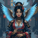 Pixel Art: teampunk queen wearing clockwork jewelry” “Modern streetwear mixed with medieval armor” “Astronaut wearing a kimono made of nebula fabric” “Cyber angel with digital wings made of code” “Fantasy warrior sculpted from marble but alive” (generated with AI by Den).