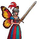 Pixie warrior with silver helmet, red feather plume, and large ornate sword, wearing a blue bodice and a red and teal striped skirt, with vibrant butterfly wings.