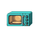 Retro teal microwave with door ajar, revealing a warm, golden interior. Circular dials and a red indicator light are visible on the right.