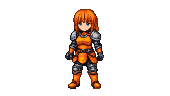 Young knight in orange and grey armor with fiery orange hair and blue eyes, standing against a black background.