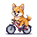 A Shiba Inu happily rides a red bicycle, tongue lolling out.