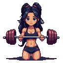Young woman with dark twin buns in athletic pose, holding weighted barbell, wearing sports bra and shorts, focused expression.