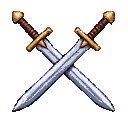 Two crossed silver swords with golden hilts on a transparent background.