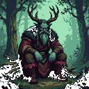 Amidst a mist-shrouded forest, a horned Shurale with fiery eyes crouches, its malevolent smirk promising a deadly touch from its root-like fingers. The deep shadows and muted light evoke a chilling dark fantasy encounter.