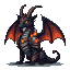 Pixel Art: Hybrid Dragon, which merges with a goat's head and bat wings, with reptile skin, the skin color is black, it has wavy horns, its eyes are red, and it wears fire armor. (generated with AI by Zyzeth Sprite).