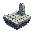 Weathered stone platform with a single arched stone marker at the rear, featuring a small cluster of green moss at its base.