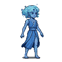 Humanoid water elemental with shimmering cyan and azure pixels, wispy light blue hair, and droplets suspended around its head. It wears a flowing garment, and its lower legs and feet have rippling water patterns.
