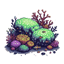Pixel Art: bioluminescent algae with marine life around