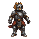 Knight in full gleaming plate armor with a lion's head helmet and crimson sash.