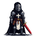 A Templar Knight in dark tunic with white Christ cross, wearing plate armor and a full-face helmet. A red sword is at his side. A reliquary with Bahomet symbol is present.
