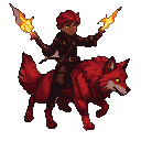 Dark-skinned youth with fiery red hair and amber eyes, holding two flaming daggers, mounted on a crimson wolf-like beast with glowing eyes.