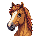 Chestnut horse head portrait with auburn mane and white blaze on face, looking left.