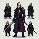 Warrior with silver hair and violet eyes, wearing dark armor with red accents and the three-headed Targaryen dragon symbol on his chest, holding a sword.