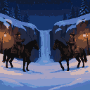 Two silhouetted gunslingers on horseback face each other across a snowy chasm with a frozen waterfall, illuminated by distant lanterns.