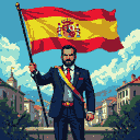 A determined political candidate in a dark suit, red tie, and Spanish flag sash holds a large Spanish flag aloft. He gazes forward with authority against a backdrop of a picturesque cityscape and a bright, cloud-dappled sky.