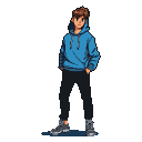 Young man in a blue hoodie and black pants, facing southeast with a neutral expression.