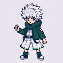 Young boy with spiky white hair and green eyes, wearing a dark green hooded jacket, white shirt, scarf, and white shorts with green trim, in a ready stance.