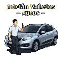Salesman pointing at a silver Peugeot 2008, with "Adrián Vallejos – Autos" in pixelated letters above.