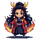 Chibi warrior with dark hair, golden horns, and red facial markings, wearing a dark blue uniform and red haori, with a sword at their hip, surrounded by stylized red flames.